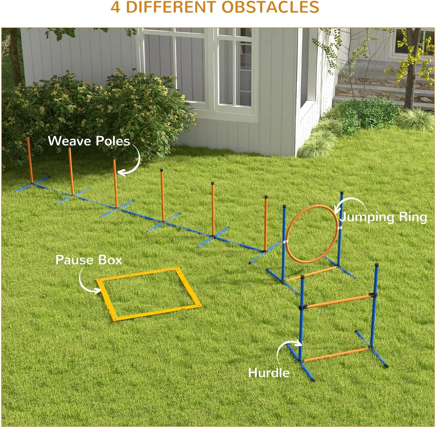 4 Pack Dog Agility Jumps with Carry Bag Exercise,Dog Agility Course Backyard Set for Indoor Outdoor with Adjustable Height Jump Bars & Displacing Top Bar (Orange -4 Pack)