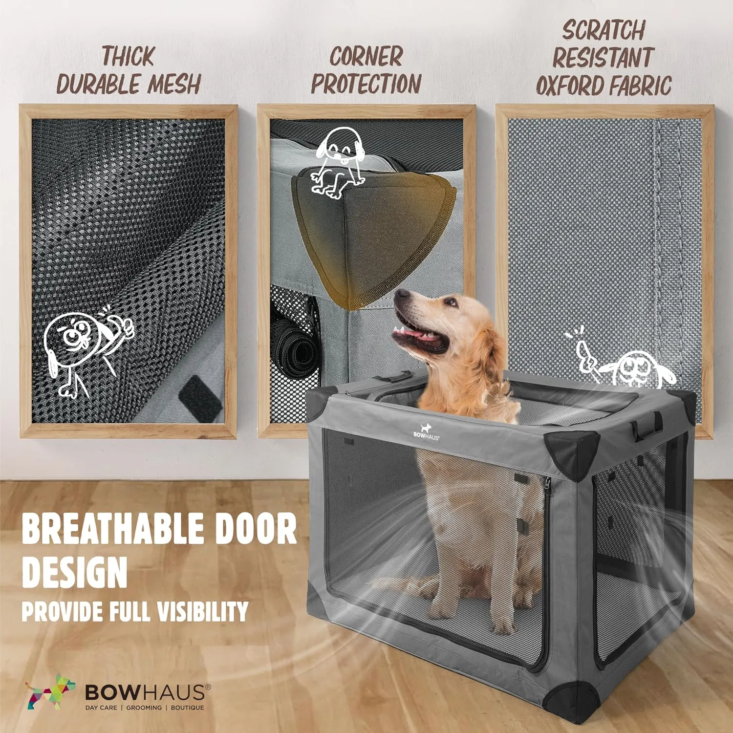 42 Inch Portable Travel Dog Kennel for Large Dogs with Durable Mesh Windows and 2 Storage Pockets, Indoor & Outdoor for Car, Soft-Sided Collapsible Dog Crate with 4 Breathable Mesh Door