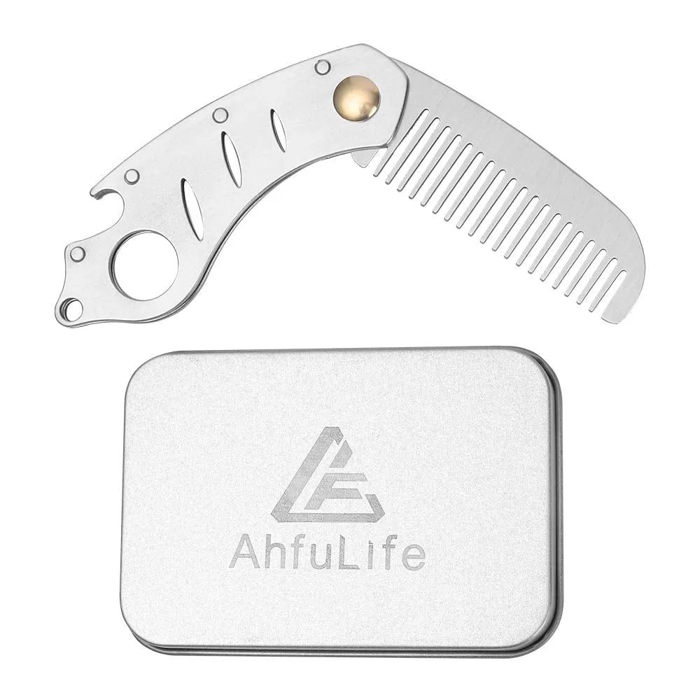 AhfuLife Foldable Metal Comb and Beard Comb - Multifunctional Pocket Comb with Bottle Openers - Anti-Static Stainless Steel Grooming Comb - Presented in Gift Box. Silver
