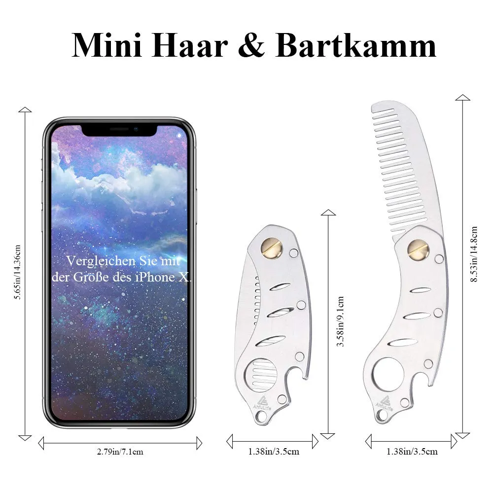 AhfuLife Foldable Metal Comb and Beard Comb - Multifunctional Pocket Comb with Bottle Openers - Anti-Static Stainless Steel Grooming Comb - Presented in Gift Box. Silver
