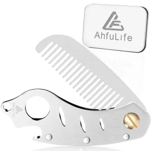 AhfuLife Foldable Metal Comb and Beard Comb - Multifunctional Pocket Comb with Bottle Openers - Anti-Static Stainless Steel Grooming Comb - Presented in Gift Box. Silver