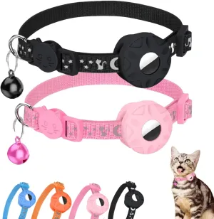 AirTag Cat Collar 2Pack,Breakaway Kitten Collar with Apple Airtag Holder,Refletive Kitty Collar with Bell and Airtag Case for Girl Boy Cats,Cute Pattern and Lightweight(Black&Pink)