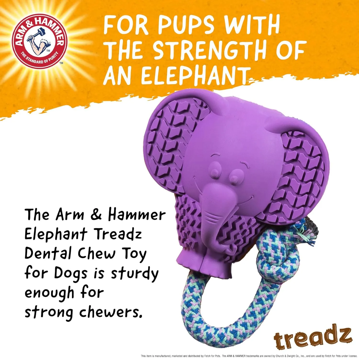 Arm & Hammer for Pets Super Treadz Large Elephant Dental Chew Toy for Dogs Dog Dental Toys for Aggressive Chewers Reduces Plaque & Tartar Without Brushing Safe for Dogs up to 35 Lbs