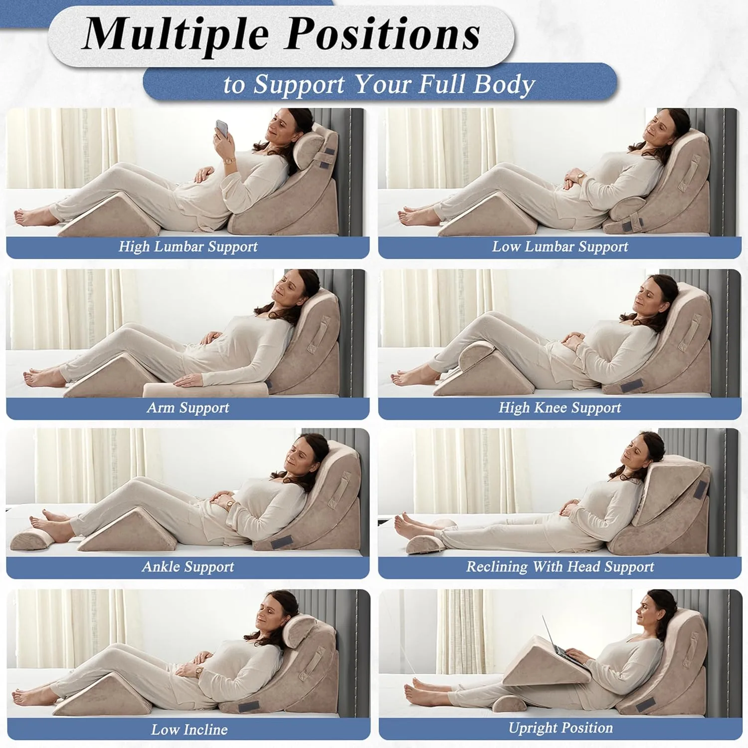 Axelrod 4PCS Orthopedic Bed Wedge Pillow Set, Post Surgery Foam for Back, Neck and Leg Pain Relief Comfortable & Adjustable Pillows- Anti Snoring, Heartburn, Acid Reflux & GERD Sleeping Light Brown