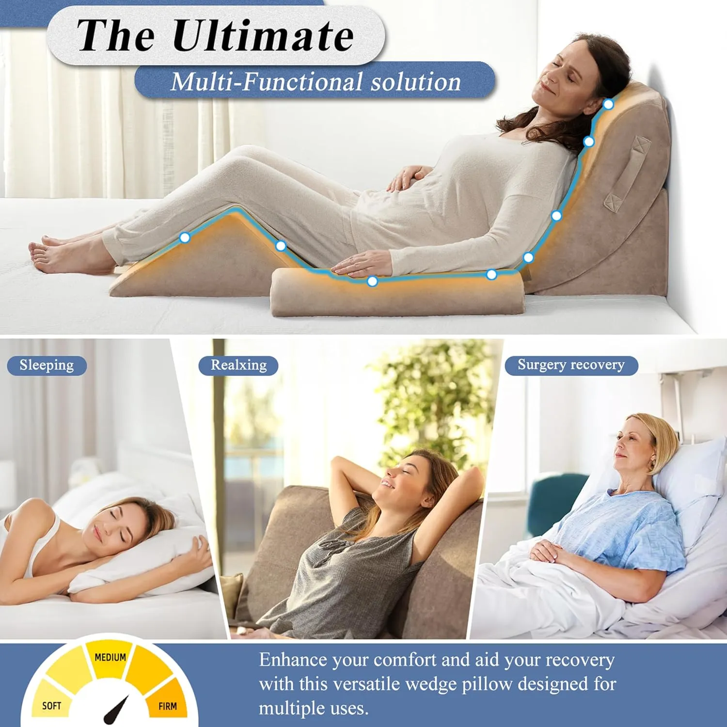 Axelrod 4PCS Orthopedic Bed Wedge Pillow Set, Post Surgery Foam for Back, Neck and Leg Pain Relief Comfortable & Adjustable Pillows- Anti Snoring, Heartburn, Acid Reflux & GERD Sleeping Light Brown