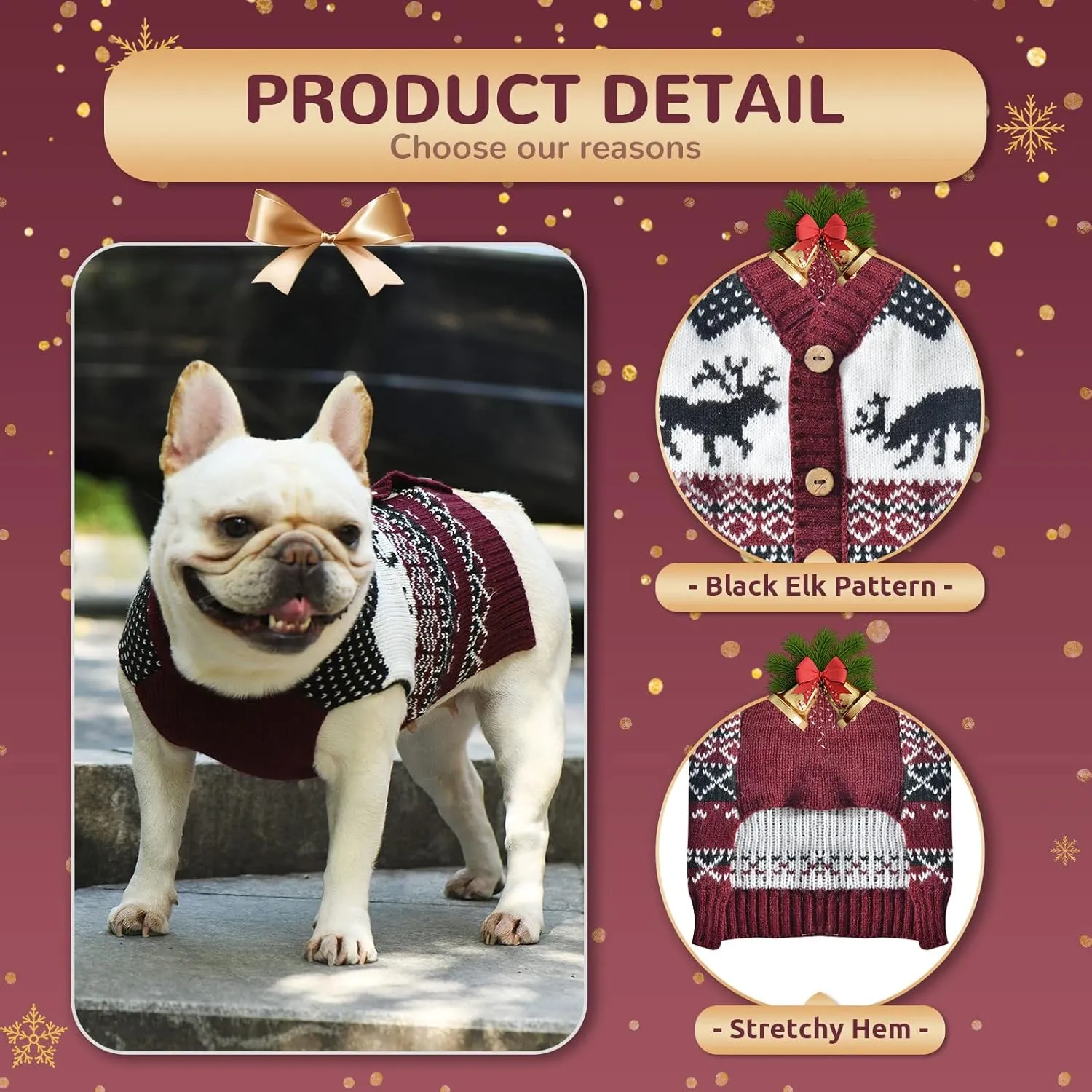 BAEJMJK Christmas Sweater for Dogs - Soft Warm Knit Jumper for Small, Medium & Large Dogs - Red Elk (Large)
