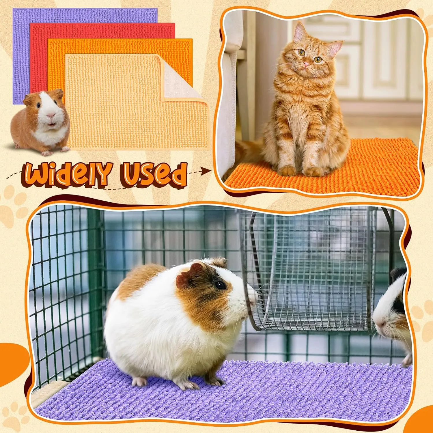 Barydat 4 Pcs Guinea Pig Cage Liner Guinea Pig Mats Bunny Bedding Washable Pee Pads Reusable Pet Training Pad Animal Sleeping Bedding Mat for Rabbit Chinchilla(Bright Color,16 x 24 Inch)