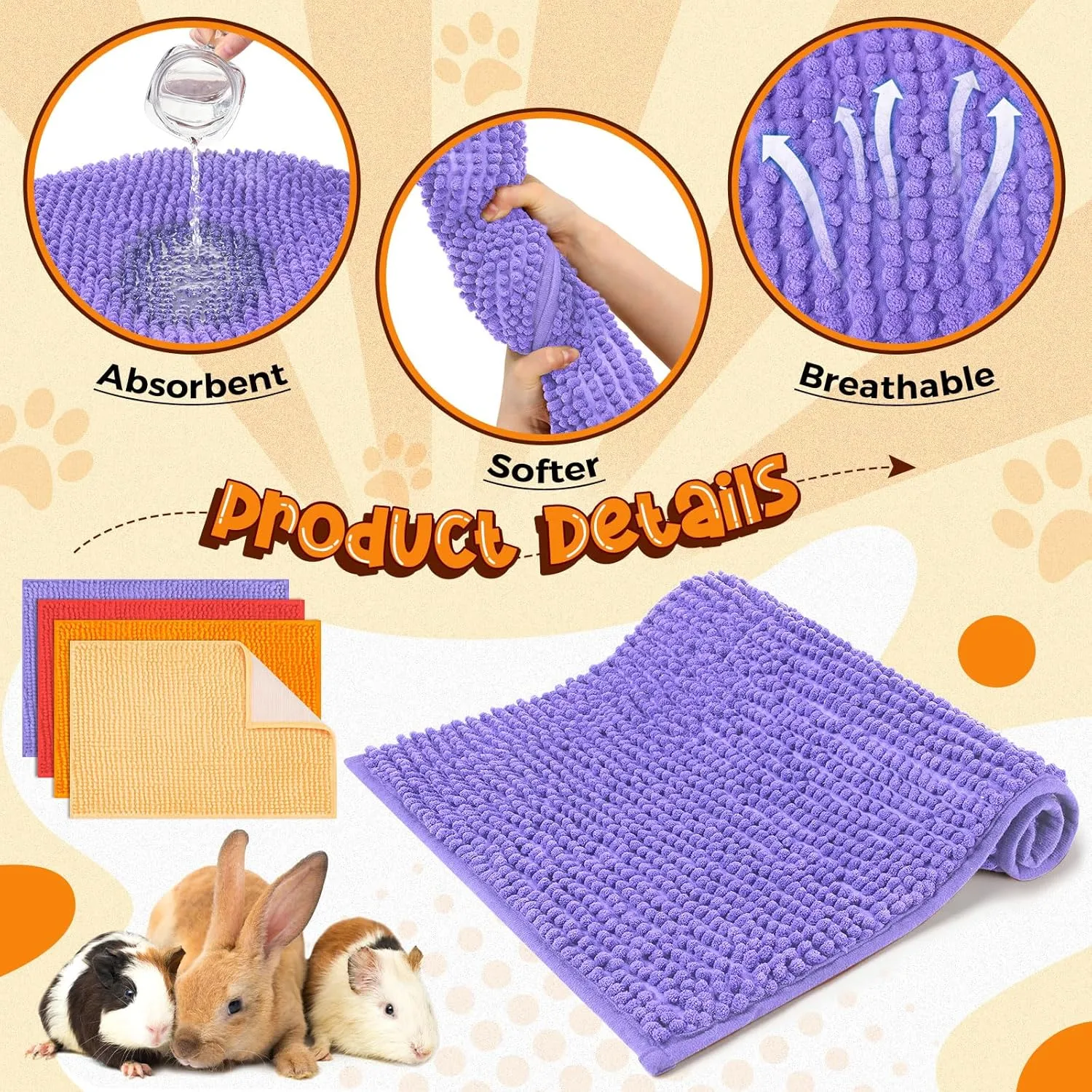 Barydat 4 Pcs Guinea Pig Cage Liner Guinea Pig Mats Bunny Bedding Washable Pee Pads Reusable Pet Training Pad Animal Sleeping Bedding Mat for Rabbit Chinchilla(Bright Color,16 x 24 Inch)