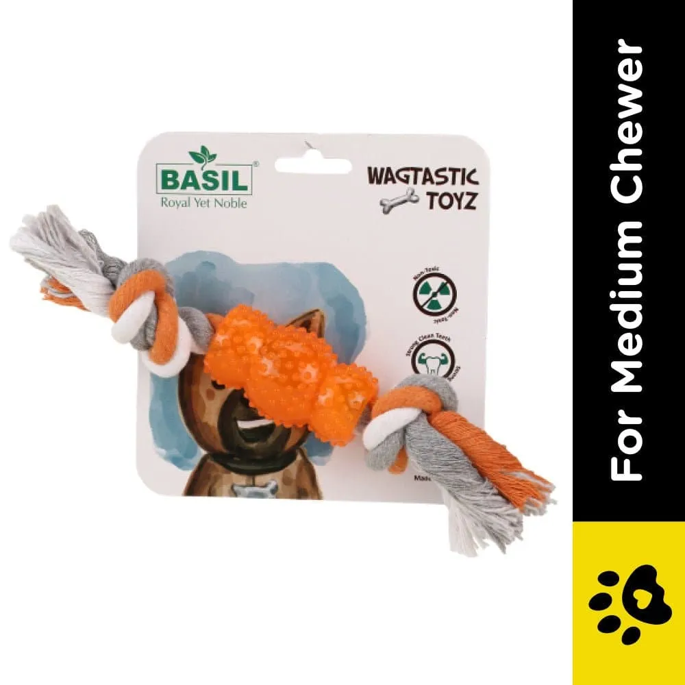 Basil Cotton Rope Rubber Chew Toy with Hard TPR Centre for Dogs (Orange)
