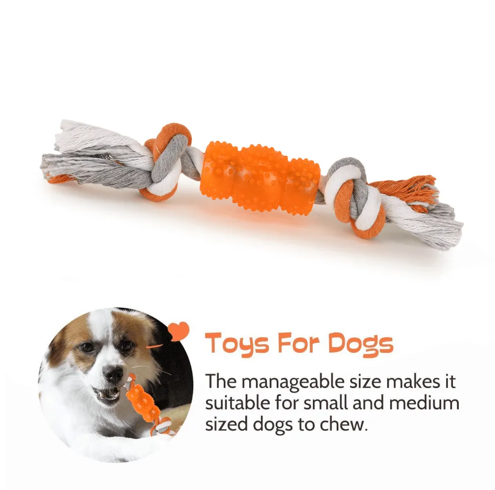 Basil Cotton Rope Rubber Chew Toy with Hard TPR Centre for Dogs (Orange)