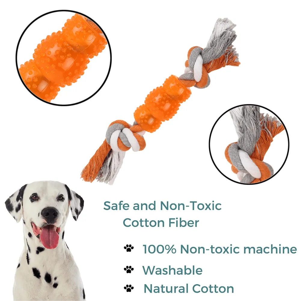 Basil Cotton Rope Rubber Chew Toy with Hard TPR Centre for Dogs (Orange)