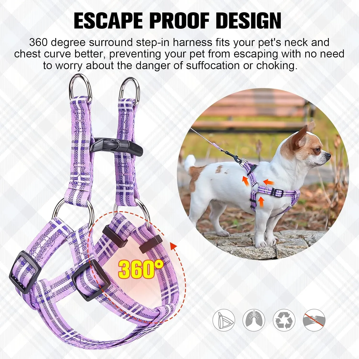 BEAUTYZOO No Pull Dog Harness and Leash Set - Adjustable Step-in Puppy Harness for Small Medium Large Dogs, Escape Proof Soft Nylon Vest with Double D Ring for Walking Running Training, Purple S