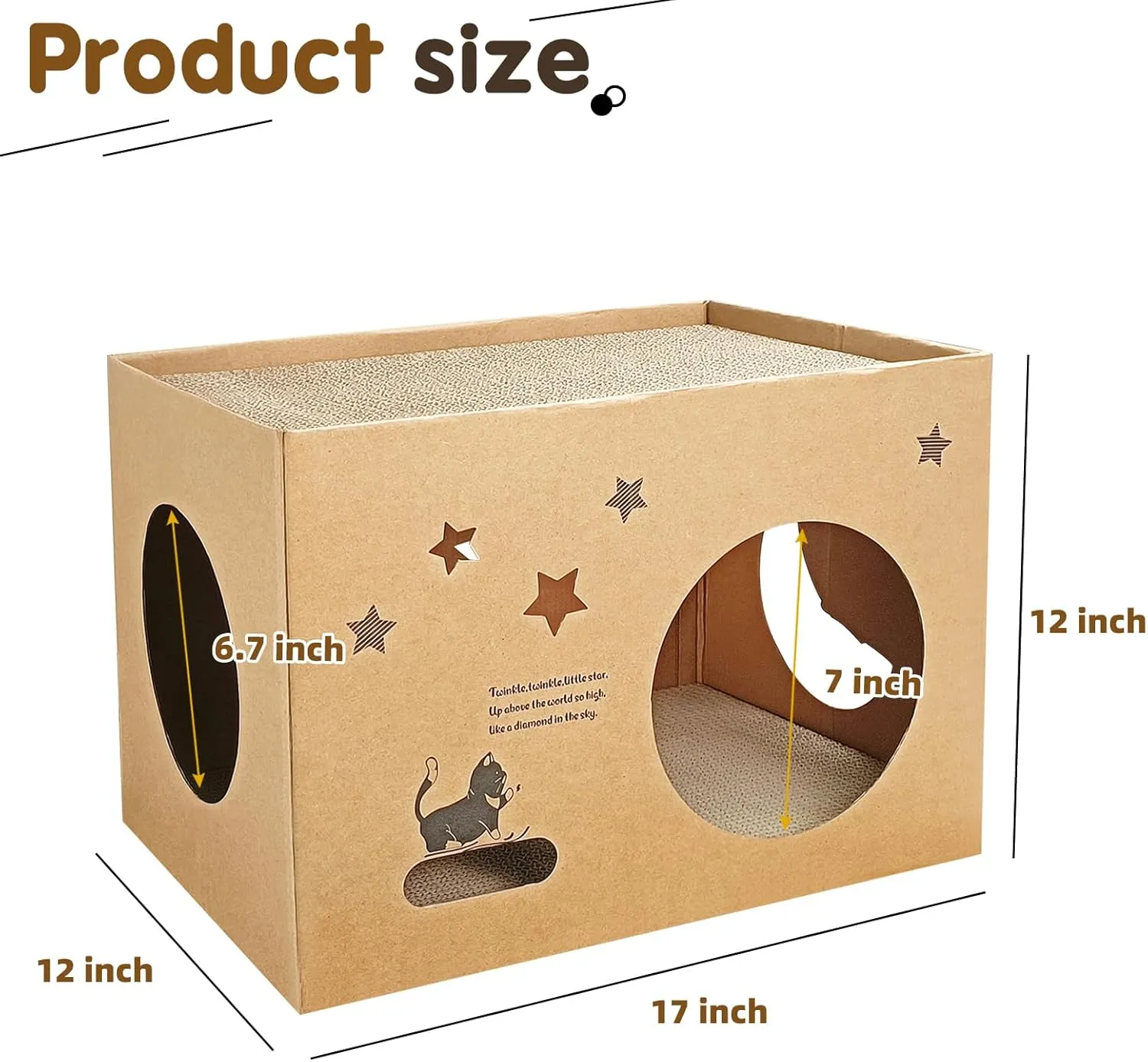 Cardboard Cat Scratcher with 2 Pcs Scratching Boards, 17" L x 12" W x 12" H Cat Play House for Indoor Cats, Detachable Corrugated Board Cat Scratcher Box