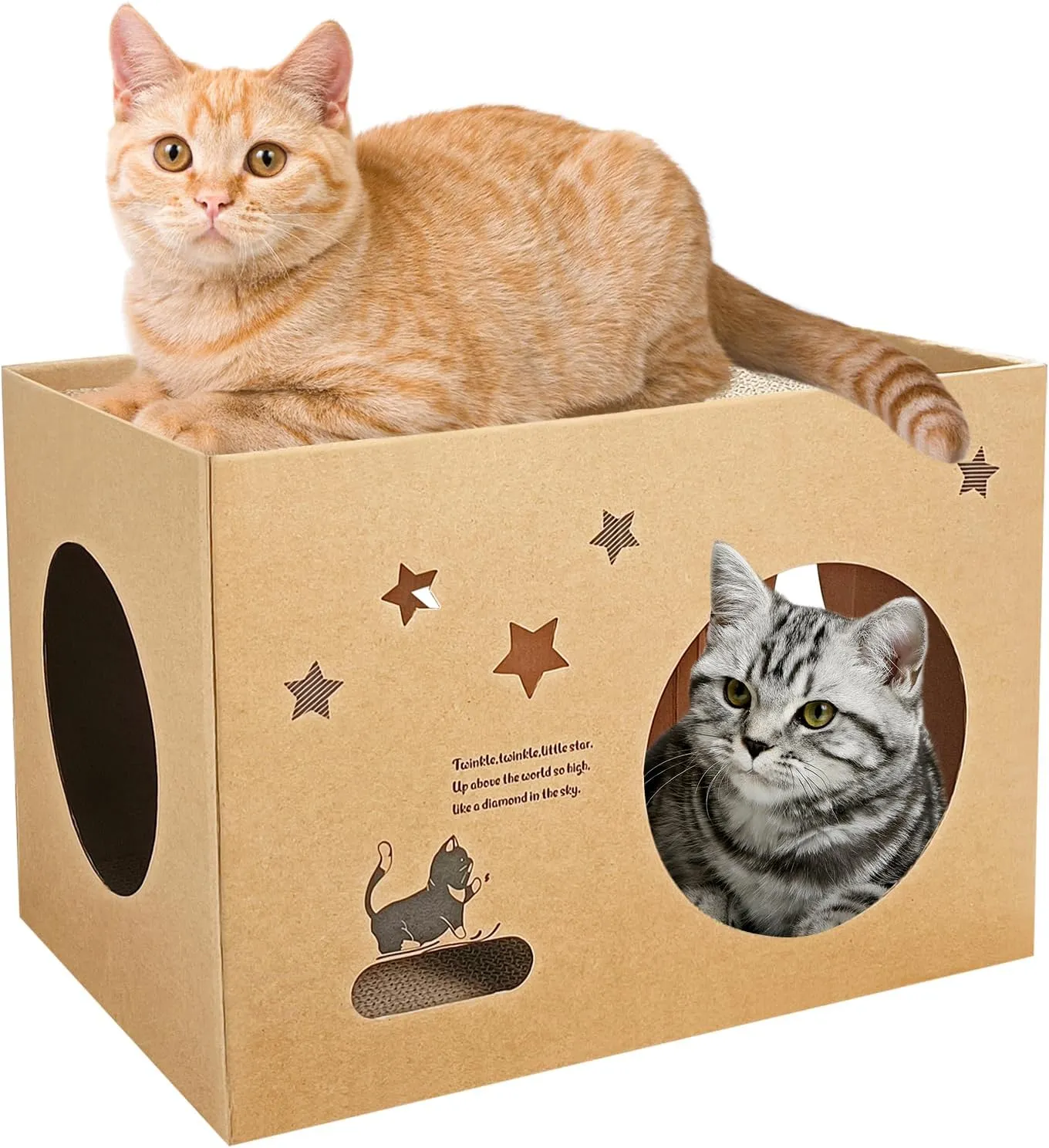 Cardboard Cat Scratcher with 2 Pcs Scratching Boards, 17" L x 12" W x 12" H Cat Play House for Indoor Cats, Detachable Corrugated Board Cat Scratcher Box