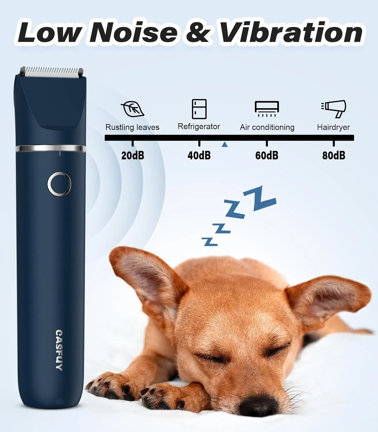 Casfuy Cordless Hair Trimmer, Low Noise Grooming Clipper for Dogs Cats & Small Pets, USB Rechargeable, Double Blades for Trimming Hair Around Paws, Eyes, Ears, Face, Rump