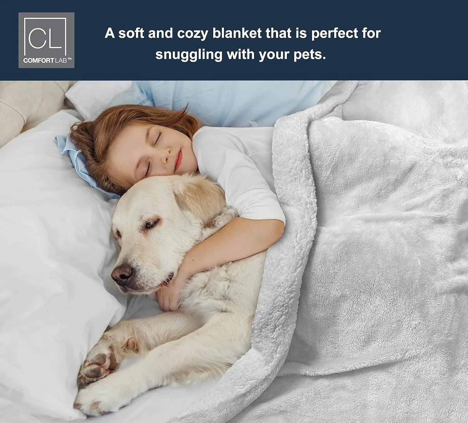 Comfort Lab Reversible Flannel Sherpa Throw Blanket - Elegant Fluffy Throw Blankets for Couch and Home Decor - Anti Pilling Non Shedding Cozy & Warm Fleece Throws - Kids/Pet (40" x 50") - White