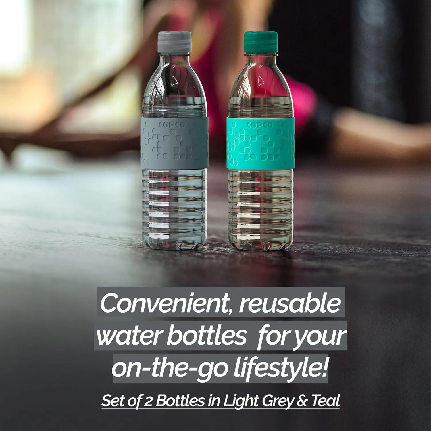 Copco Plastic Water Bottle with Chug Lid, Reusable, BPA Free, Dishwasher Safe, Perfect for Travel, School, Outdoors, and Gym, Hydra 16.9oz, Set of 2, Gray & Teal