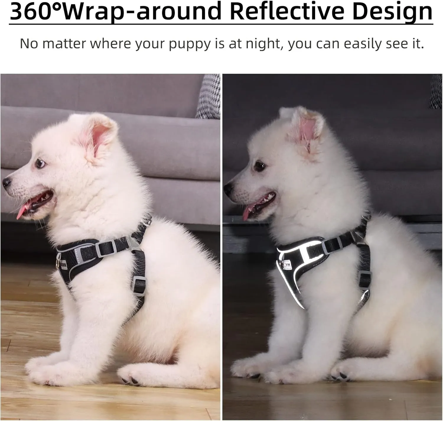 Dog Harness No Pull, Adjustable Puppy Harness with 2 Leash Clips, Ultra Breathable Padded Dog Vest Harness, Reflective Dog Harness and Leash Set for Small and Medium Dogs (Black, XL)