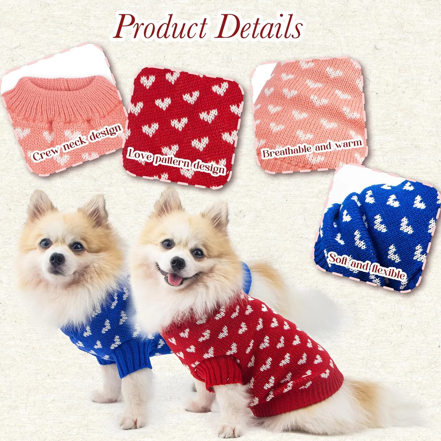 Dog Sweater Heart Puppy Sweater Warm Soft Pet Cloth Dog Outfits for Small Dogs and Cats (Pink, S)