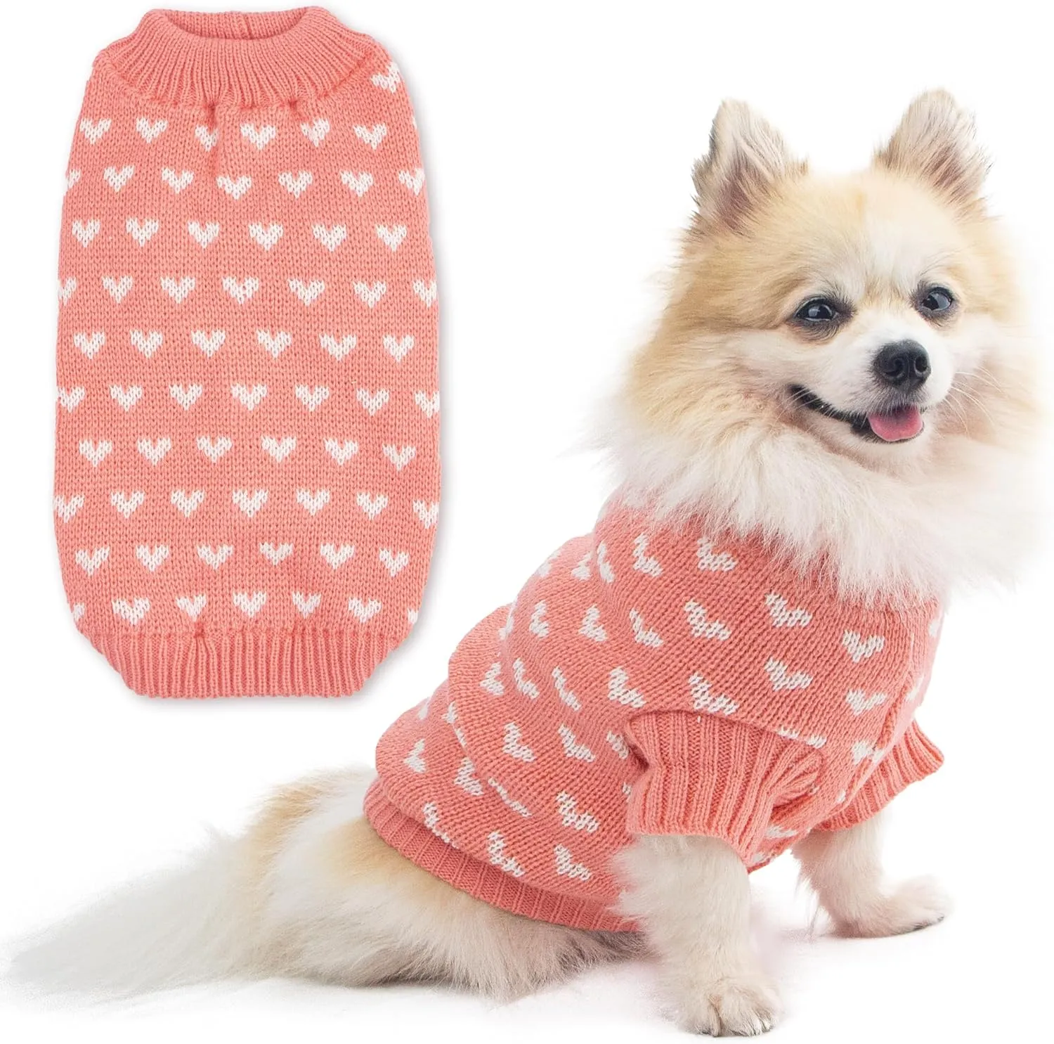 Dog Sweater Heart Puppy Sweater Warm Soft Pet Cloth Dog Outfits for Small Dogs and Cats (Pink, S)