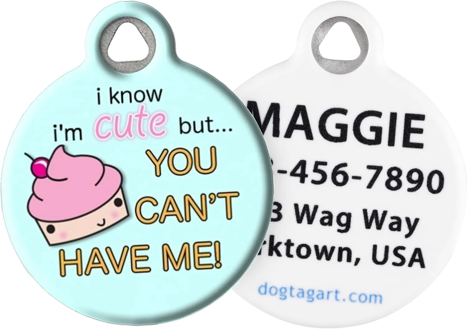 Dog Tag Art Cute as a Cupcake Personalized Pet ID Tag for Dogs and Cats, Silent Polymer Coated Stainless Steel Nametag with Customized Identification Information, Small .875 Diameter