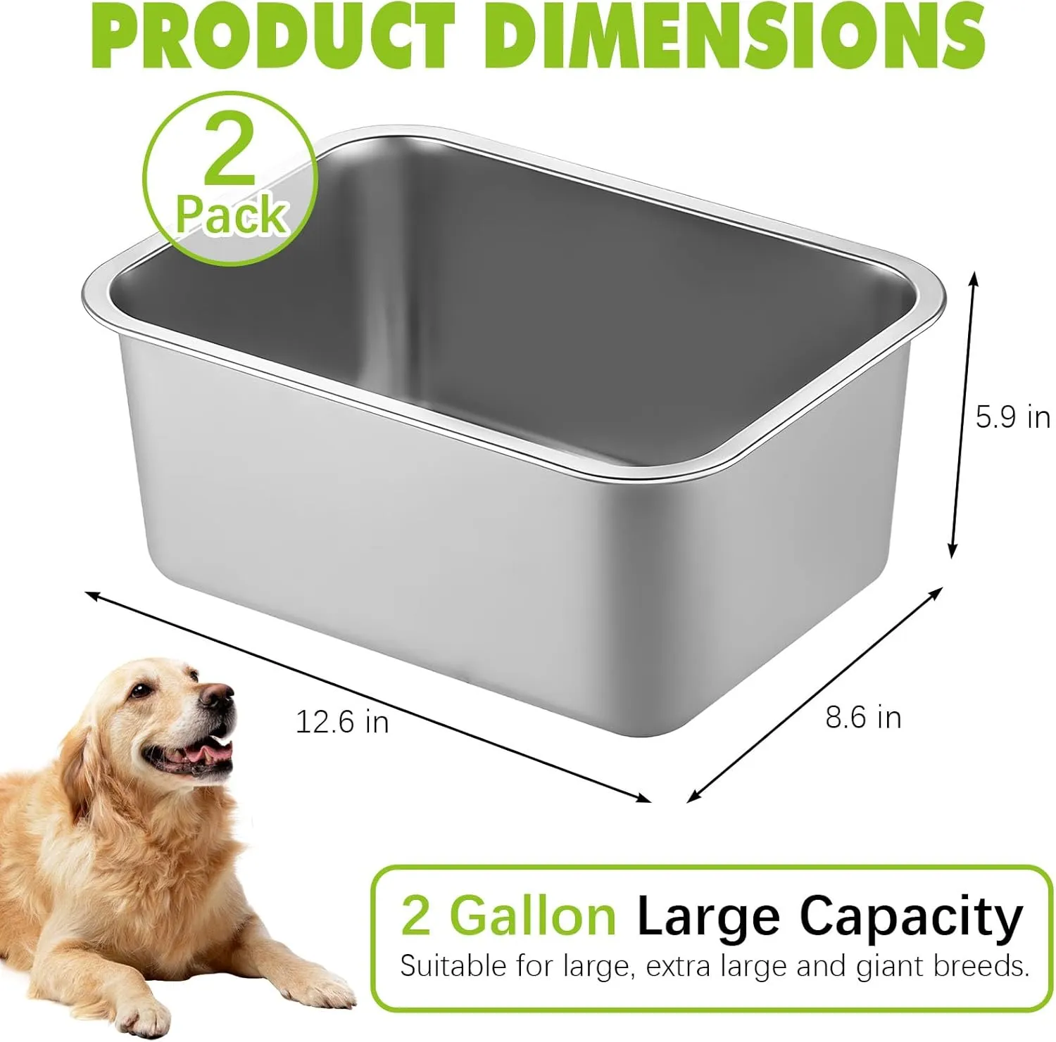 Fhiny 2 PCS Stainless Steel Dog Bowl, 2 Gallon Capacity Durable Metal Water Dish for Large Dogs, Indoor/Outdoor, Dishwasher Safe