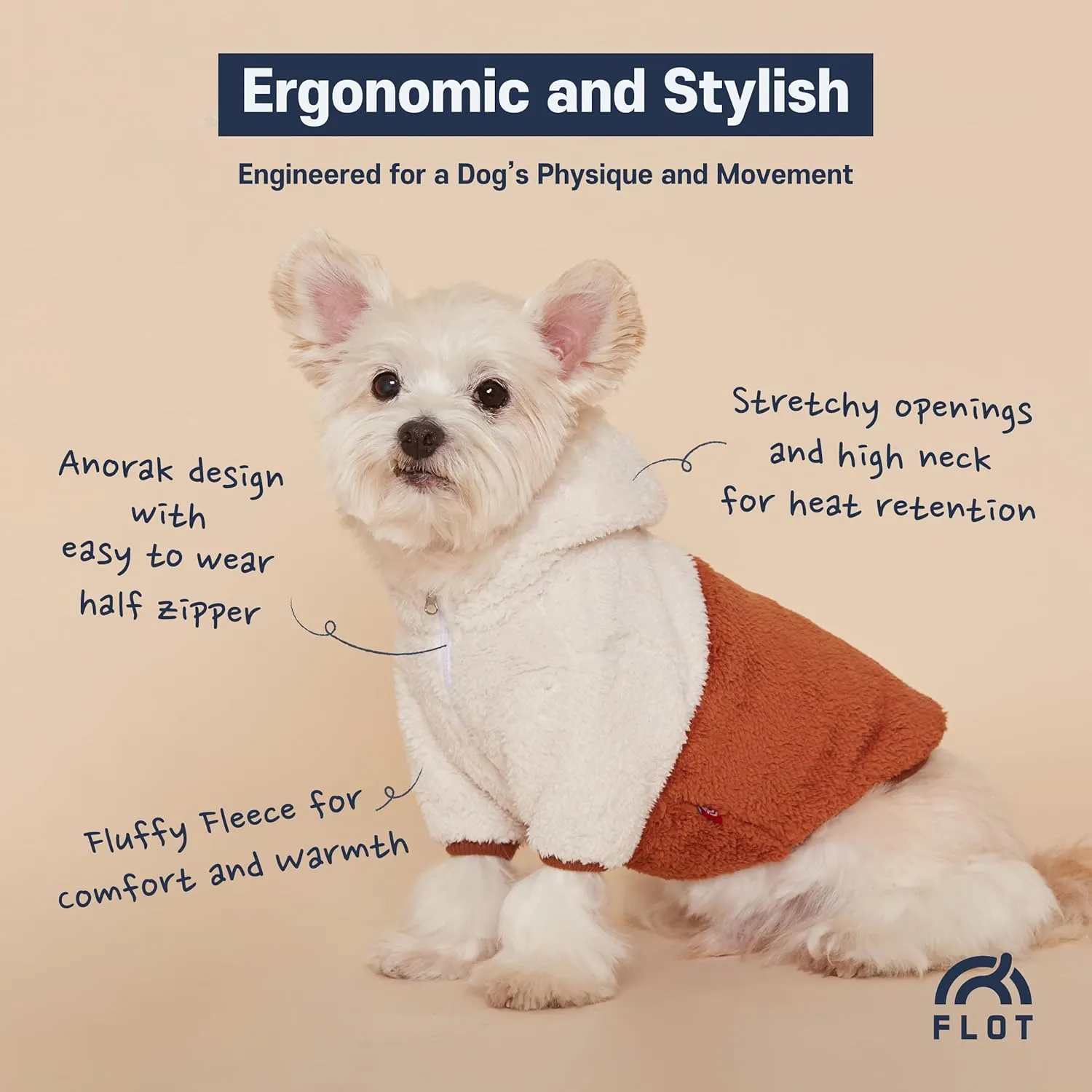 FLOT Designer Dog Fluffy Fleece Anorak Hoodie Zipper Sweater Jacket Coat Premium Materials Tailored Fit Designed and Made in Korea (Brown) XX-Large