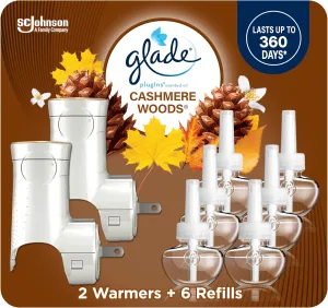 Glade PlugIns Air Freshener Starter Kit, Scented and Essential Oils for Home and Bathroom, Cashmere Woods, 4.02 Fl Oz, 2 Warmers and 6 Refills