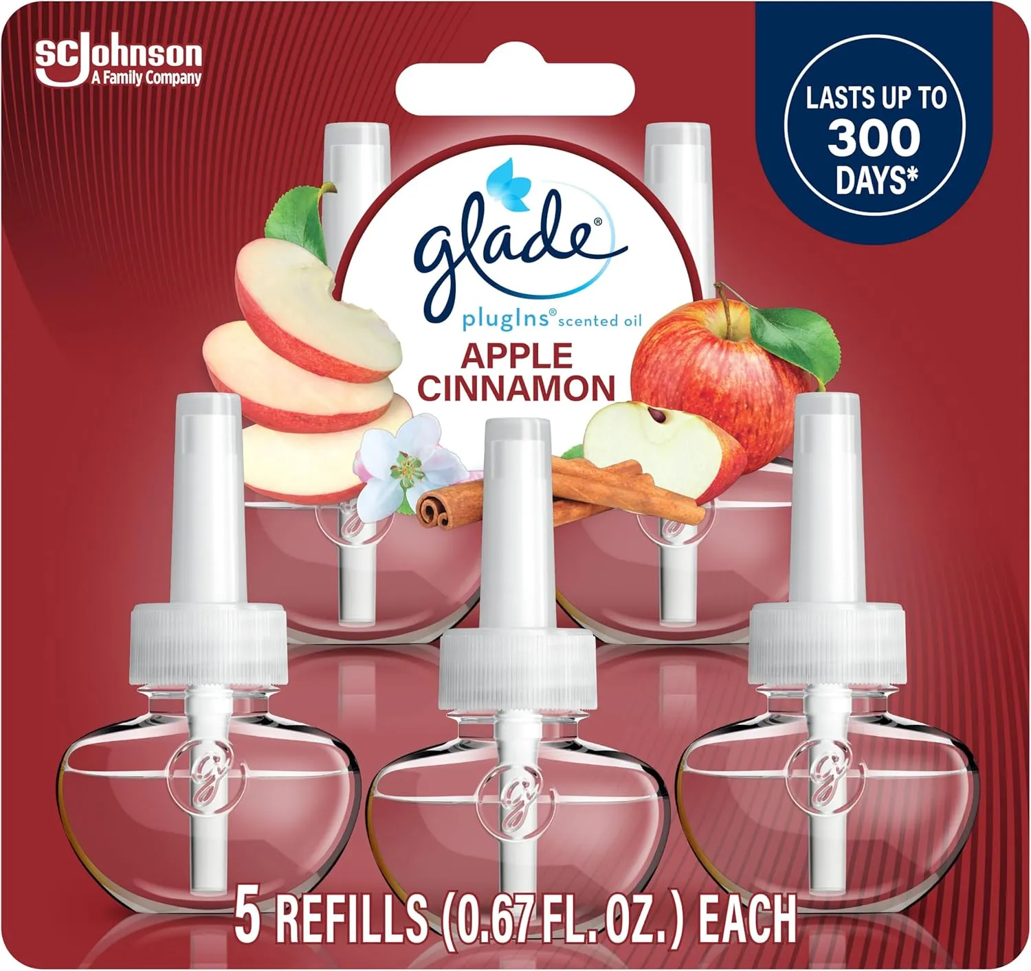 Glade PlugIns Refills Air Freshener, Scented and Essential Oils for Home and Bathroom, Apple Cinnamon, 3.35 Fl Oz, 5 Count