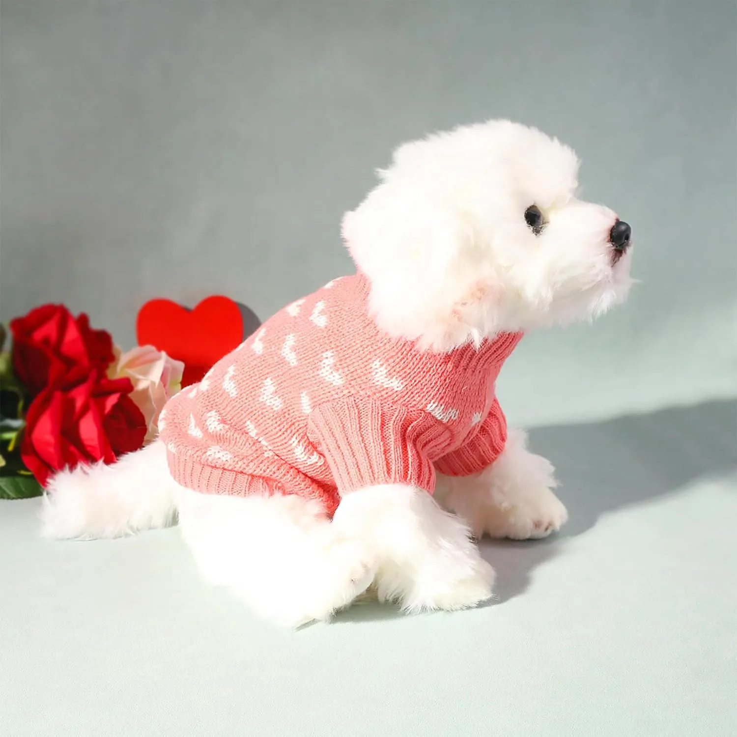 Heart Sweater for Dog,Pink Soft Valentines Sweater Warm Cat Heart Love Pattern Knitted Sweater for Puppy Kitten Pets (Pink, Small)