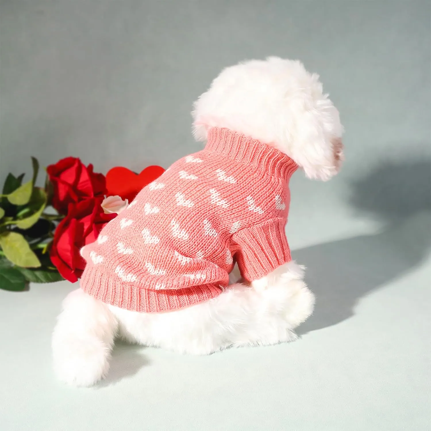 Heart Sweater for Dog,Pink Soft Valentines Sweater Warm Cat Heart Love Pattern Knitted Sweater for Puppy Kitten Pets (Pink, Small)