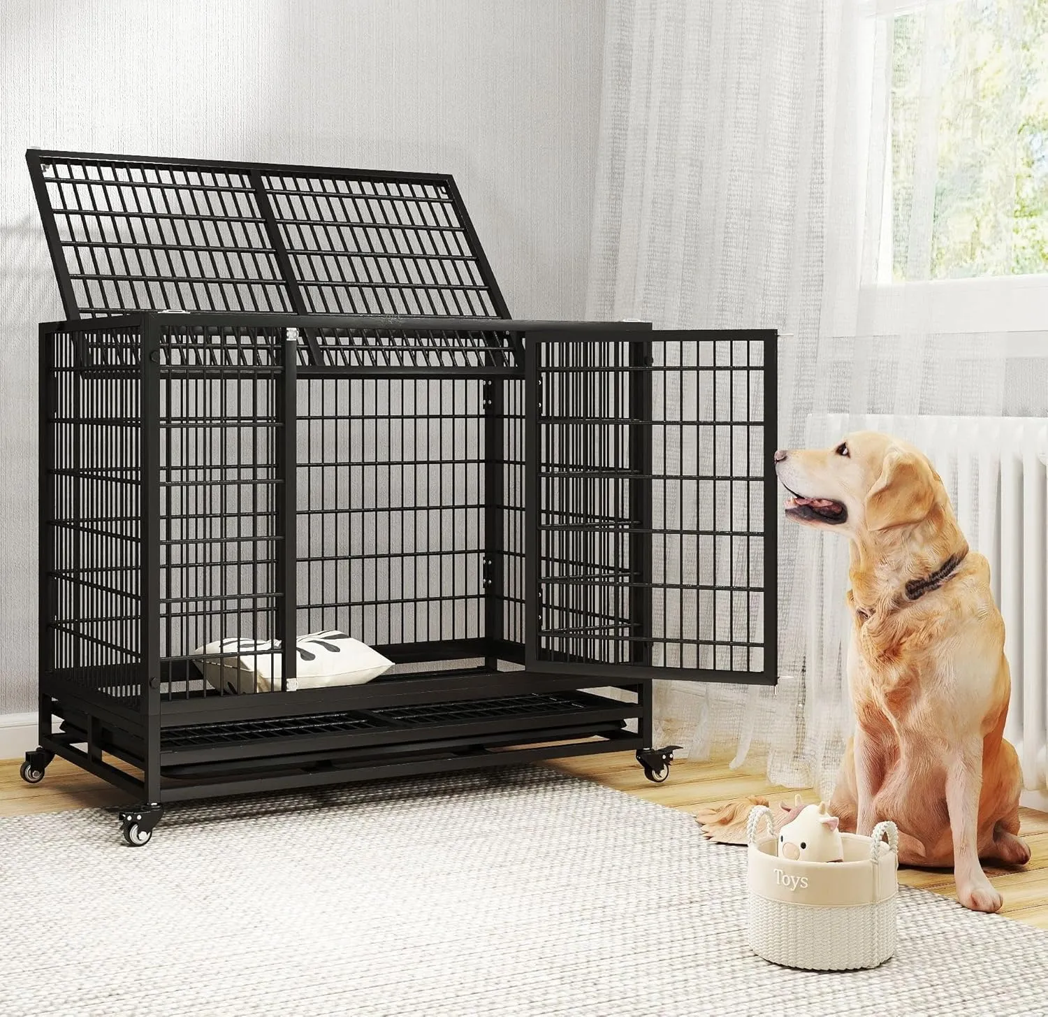 Heavy Duty Indestructible Dog Crate, Metal Dog Crate with Lockable Wheels, Easy to Assemble Kennel, Double Door with Removable Tray, Black
