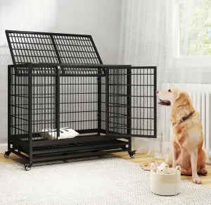 Heavy Duty Indestructible Dog Crate, Metal Dog Crate with Lockable Wheels, Easy to Assemble Kennel, Double Door with Removable Tray, Black