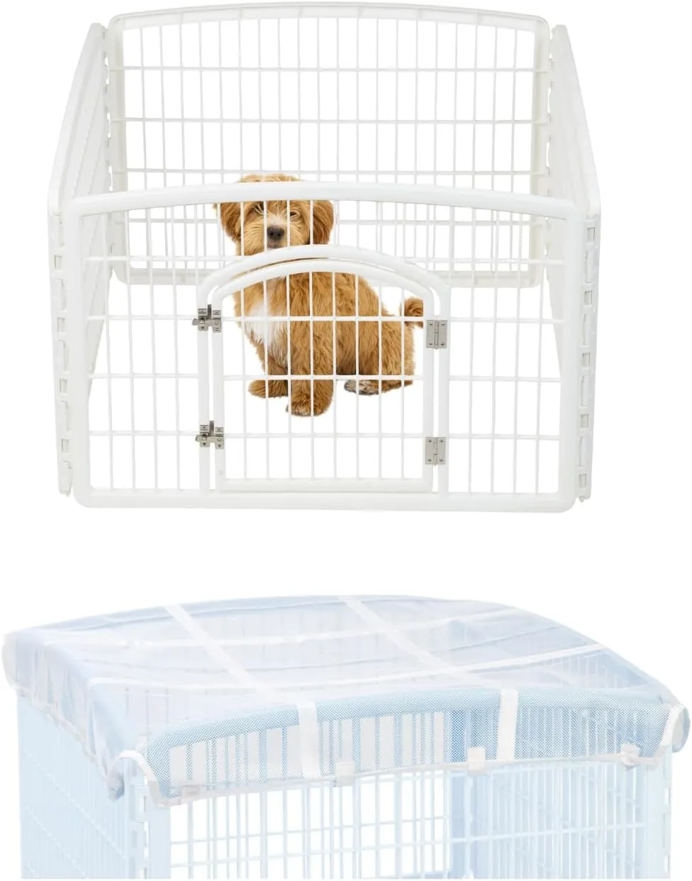 IRIS USA 24" Exercise 4-Panel Pet Playpen with Door Mesh Top Cover for Dog Playpen, Dog Playpen, Puppy Playpen, for Small and Medium Dogs, Keep Pets Secure, Easy Assemble, Durable Material, White