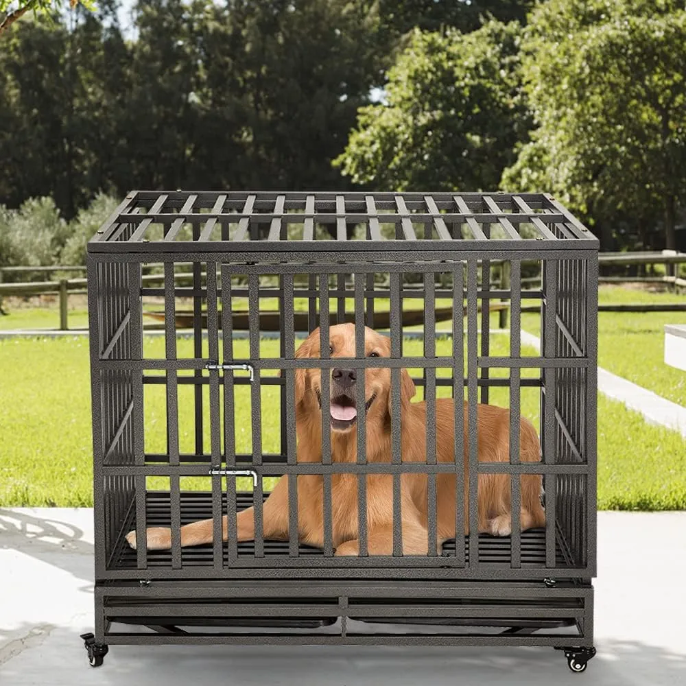 LUCKUP Empire Heavy Duty Dog Cage Metal Kennel and Crate for Medium and Large Dogs, Pet Playpen with Four Wheels, Easy to Install, 46 inch, Black