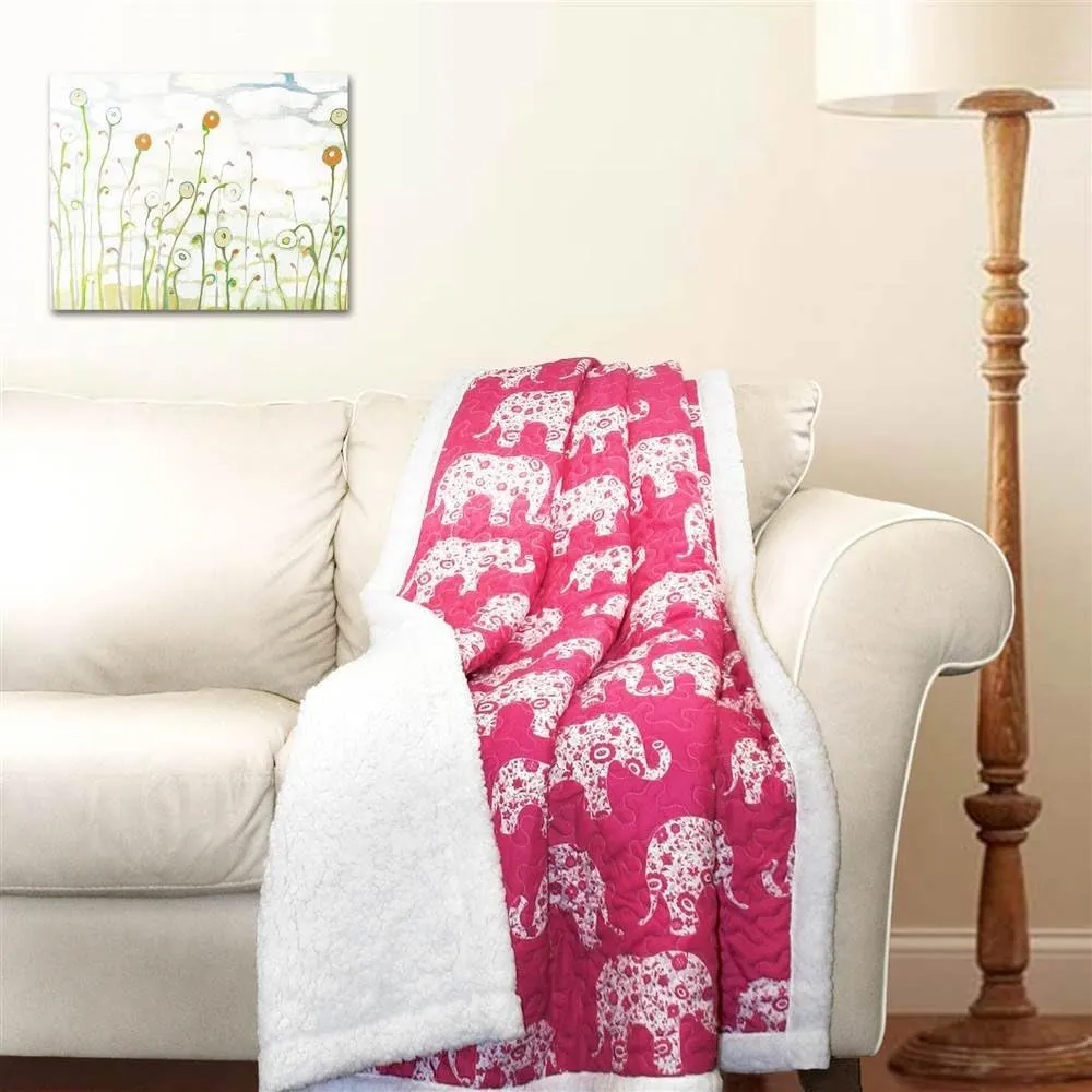 Lush Decor Pink and White Elephant Parade Throw Fuzzy Reversible Sherpa Blanket 60 x 50, 60 x 50