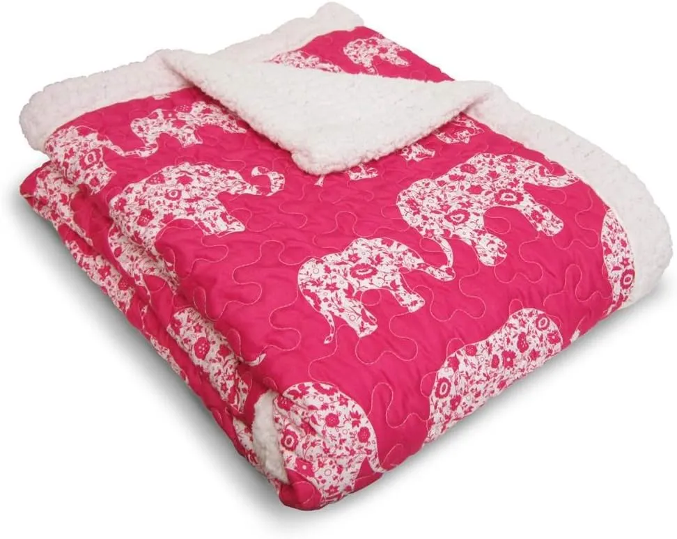 Lush Decor Pink and White Elephant Parade Throw Fuzzy Reversible Sherpa Blanket 60 x 50, 60 x 50