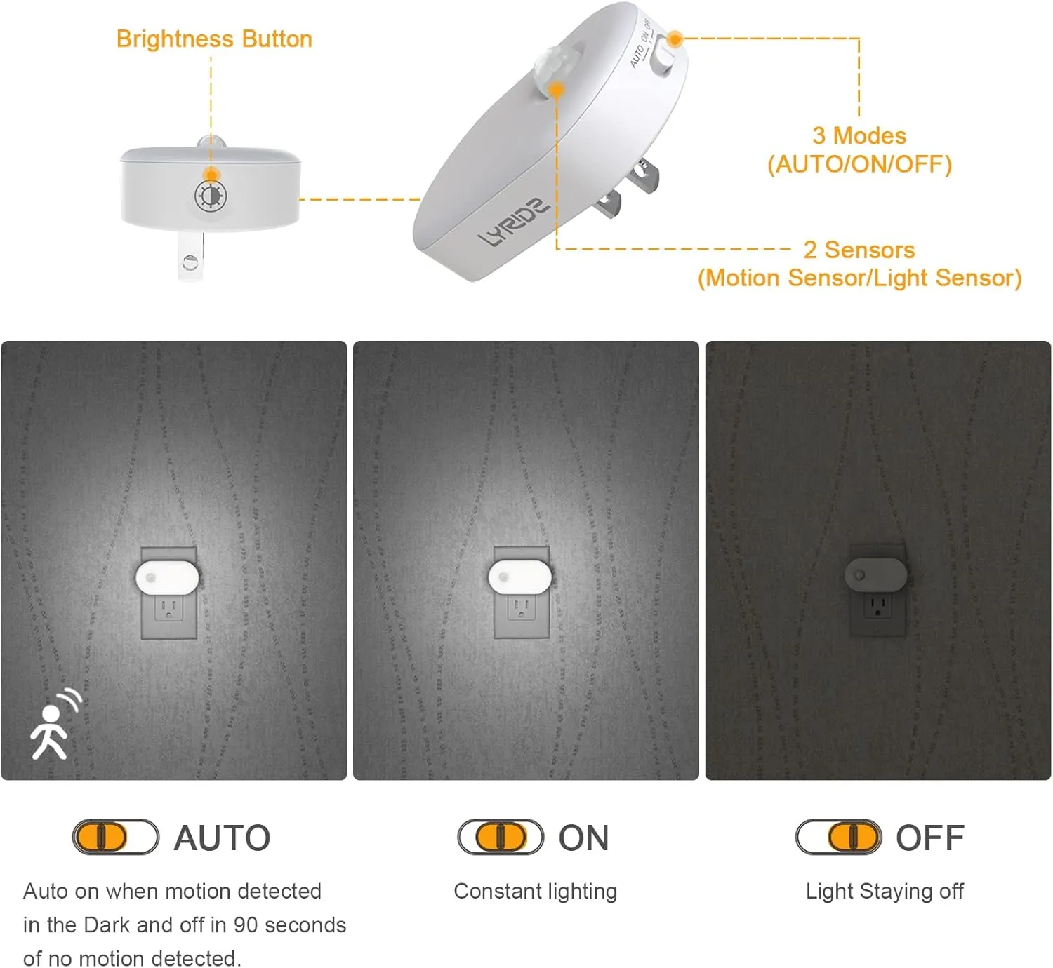 Lyridz Motion Sensor Night Light Plug in, LED Nightlight Super Bright 1-120LM Smart Cold White Light with Stepless Adjustable Brightness for Bedroom, Kitchen, Stairs, Hallway, 2 Pack