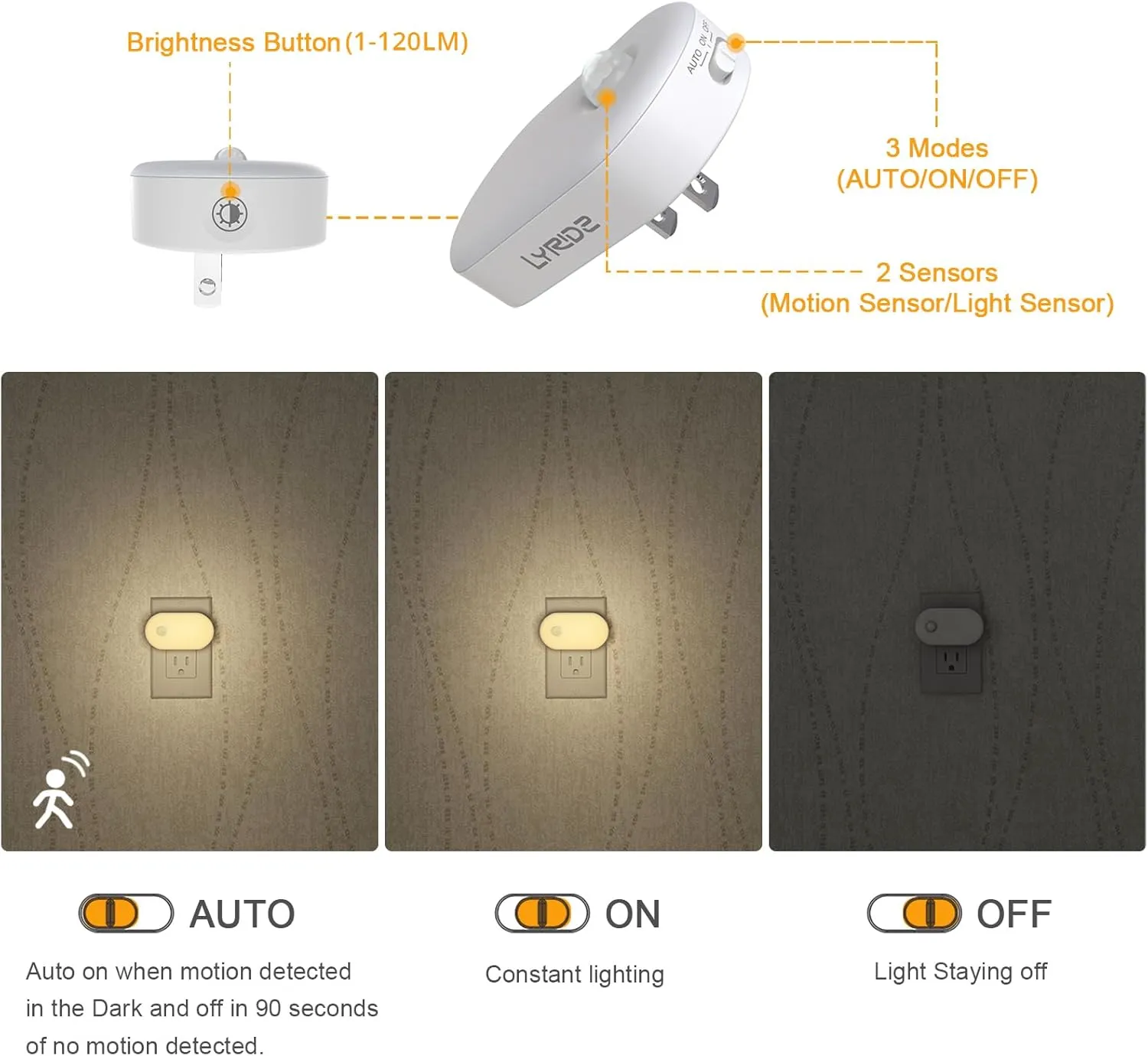 Lyridz Motion Sensor Night Light, Superior Bright 1-120LM Plug-in Nightlight Mini Smart Warm White LED Light with Stepless Adjustable Brightness for Bedroom, Kitchen, Stairs, Hallway, 2 Pack