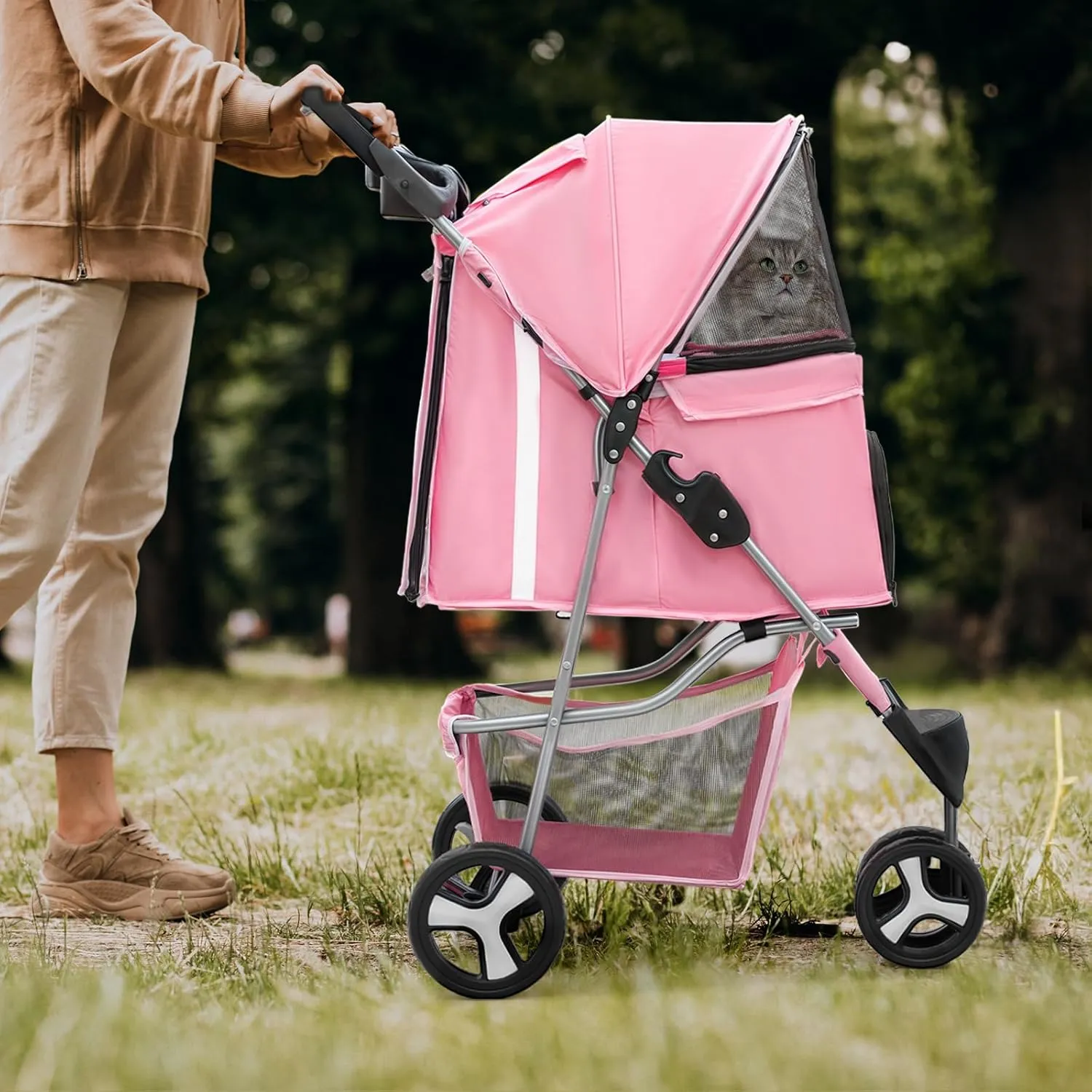 Magshion 3-Wheel Pet Stroller, Foldable Travel Jogger for Small & Medium Dogs & Cats (Up to 33lbs), Lightweight Carrier with Breathable Mesh Cover, Cup Holder & Storage Basket, Pink