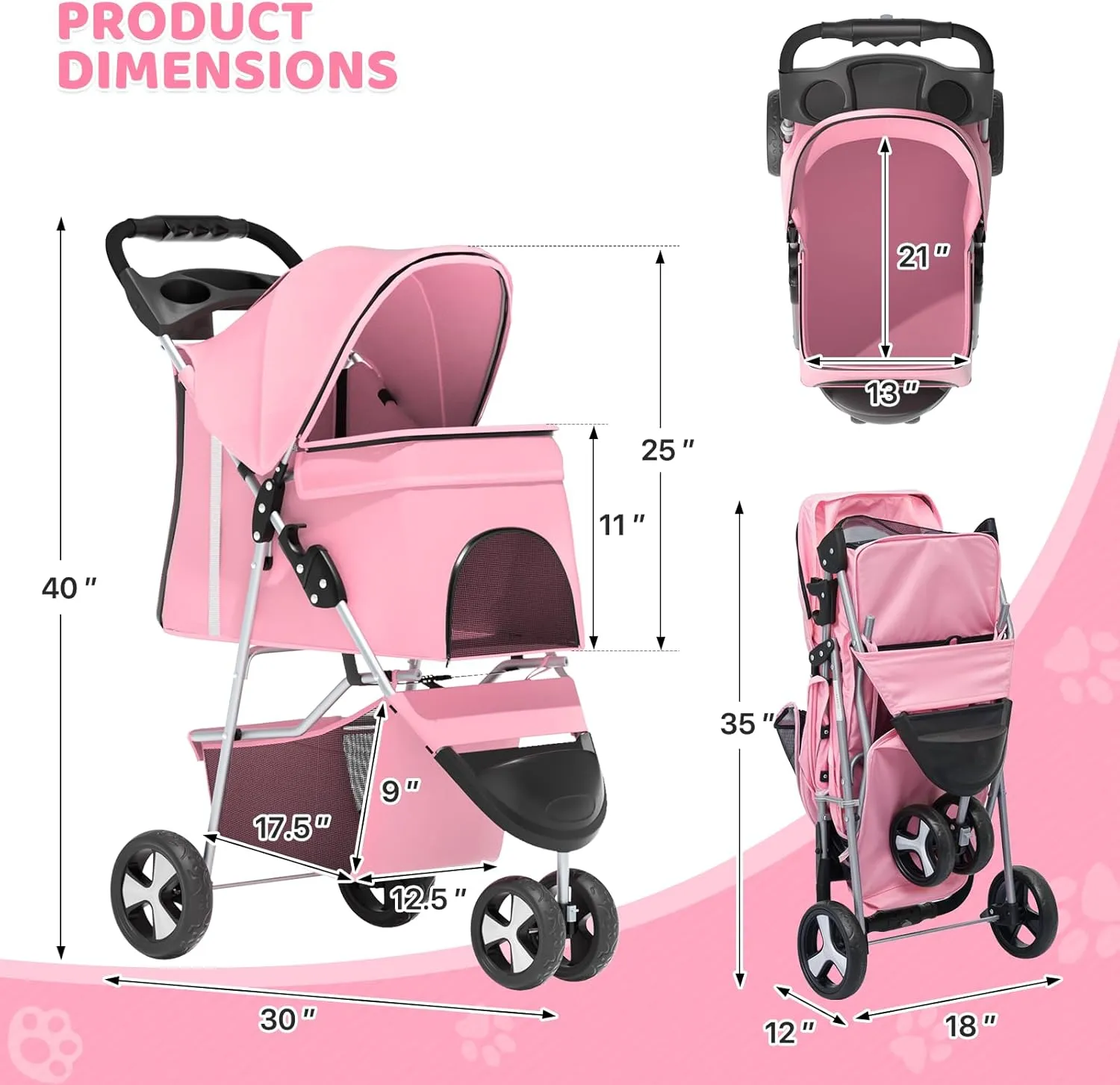 Magshion 3-Wheel Pet Stroller, Foldable Travel Jogger for Small & Medium Dogs & Cats (Up to 33lbs), Lightweight Carrier with Breathable Mesh Cover, Cup Holder & Storage Basket, Pink