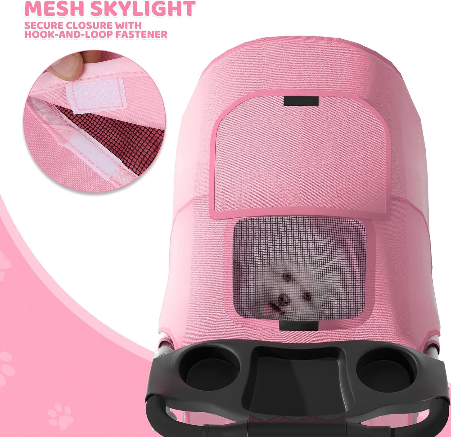 Magshion 3-Wheel Pet Stroller, Foldable Travel Jogger for Small & Medium Dogs & Cats (Up to 33lbs), Lightweight Carrier with Breathable Mesh Cover, Cup Holder & Storage Basket, Pink