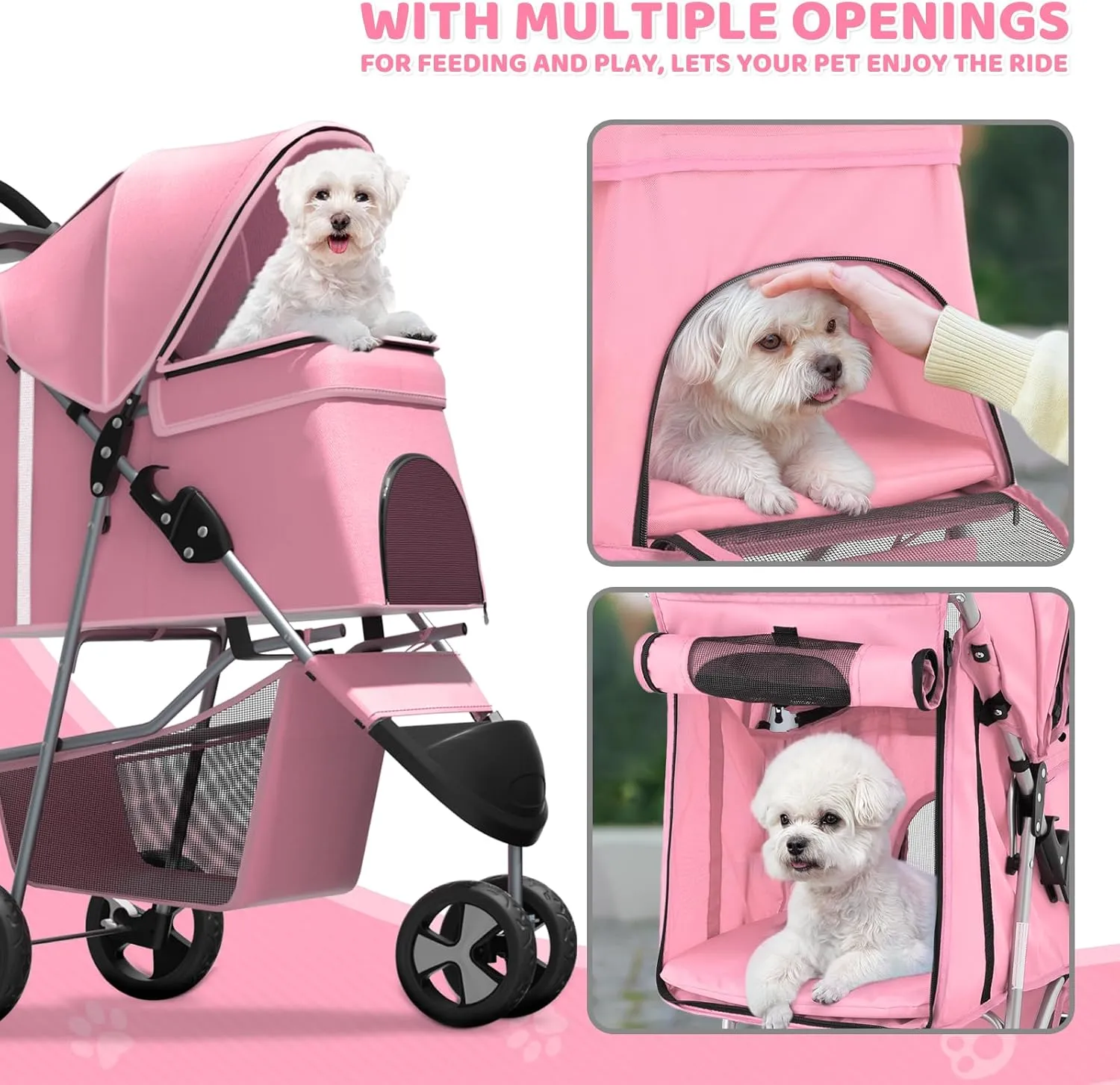 Magshion 3-Wheel Pet Stroller, Foldable Travel Jogger for Small & Medium Dogs & Cats (Up to 33lbs), Lightweight Carrier with Breathable Mesh Cover, Cup Holder & Storage Basket, Pink