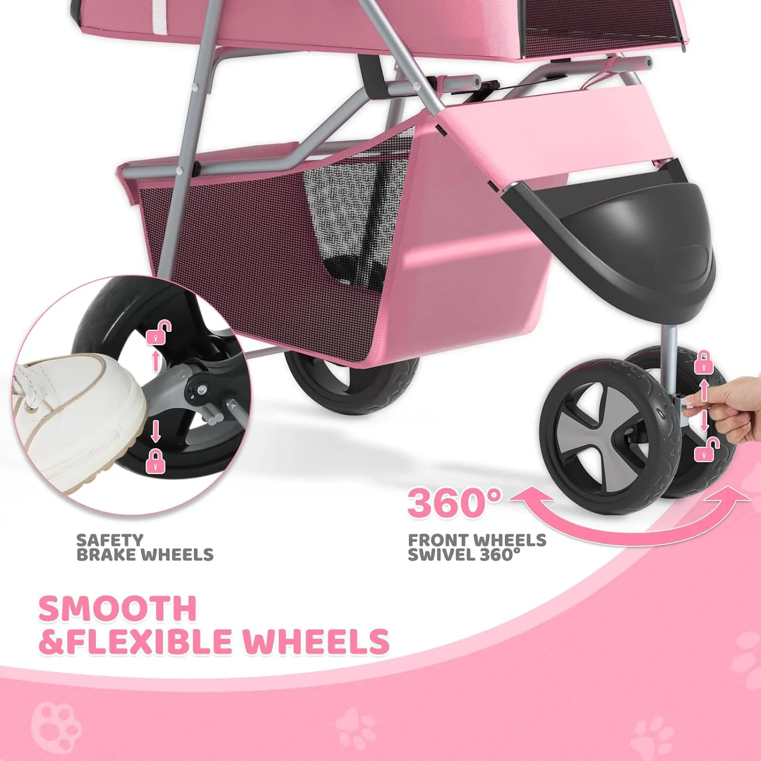 Magshion 3-Wheel Pet Stroller, Foldable Travel Jogger for Small & Medium Dogs & Cats (Up to 33lbs), Lightweight Carrier with Breathable Mesh Cover, Cup Holder & Storage Basket, Pink