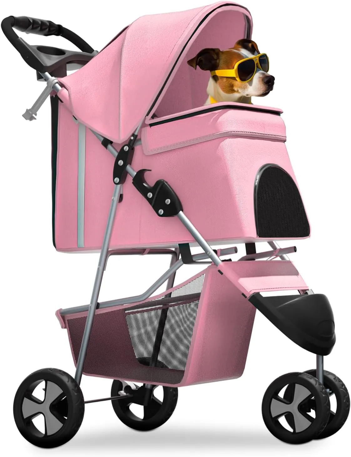 Magshion 3-Wheel Pet Stroller, Foldable Travel Jogger for Small & Medium Dogs & Cats (Up to 33lbs), Lightweight Carrier with Breathable Mesh Cover, Cup Holder & Storage Basket, Pink