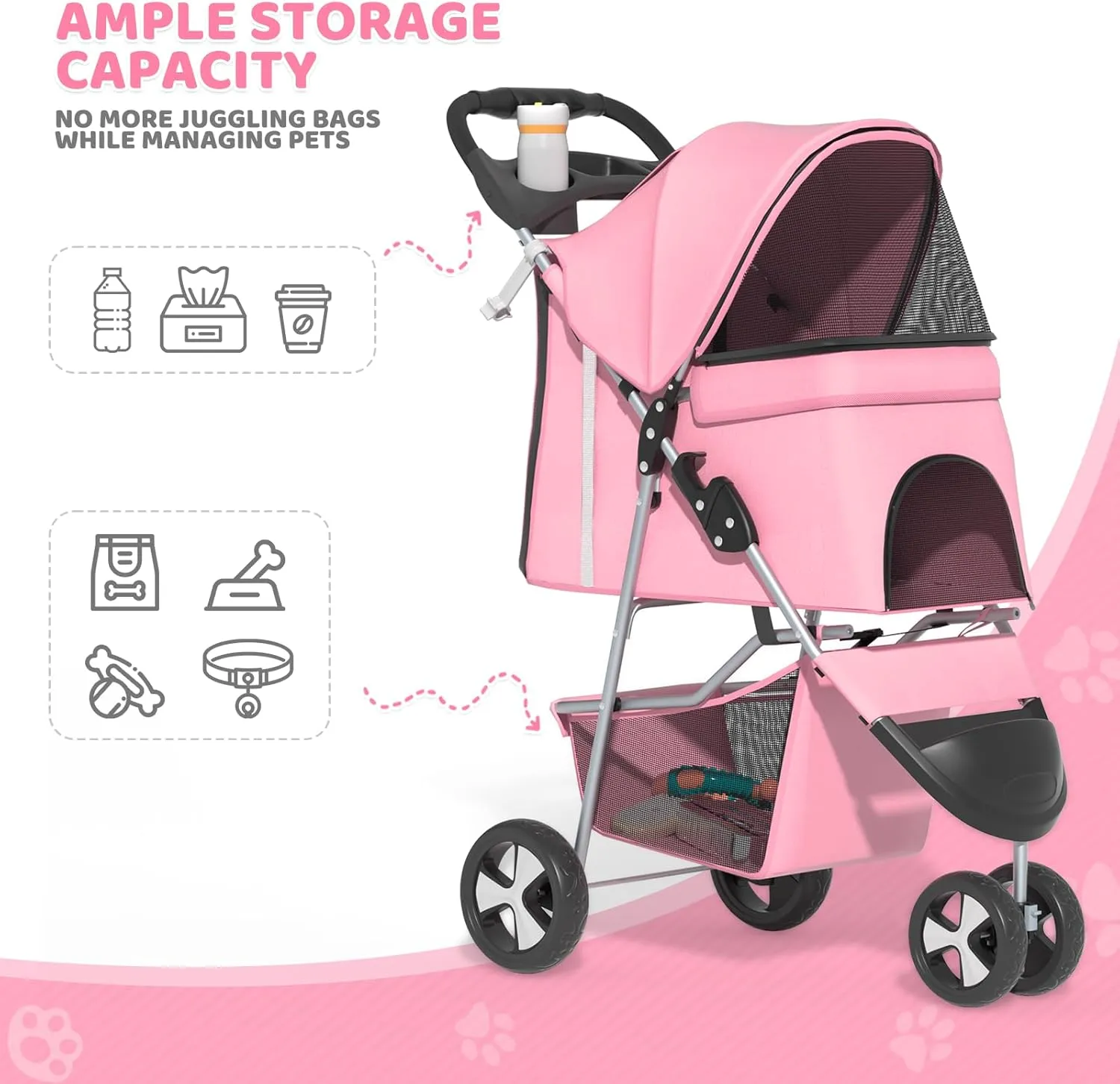 Magshion 3-Wheel Pet Stroller, Foldable Travel Jogger for Small & Medium Dogs & Cats (Up to 33lbs), Lightweight Carrier with Breathable Mesh Cover, Cup Holder & Storage Basket, Pink