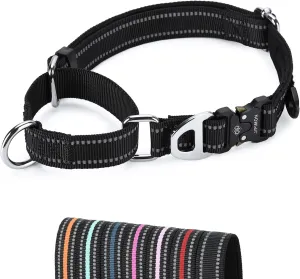 Martingale Dog Collar Reflective Nylon Soft Cushion with Alloy Buckle Dog Collar Martingale Small Medium and Large Dogs (Large, Black)