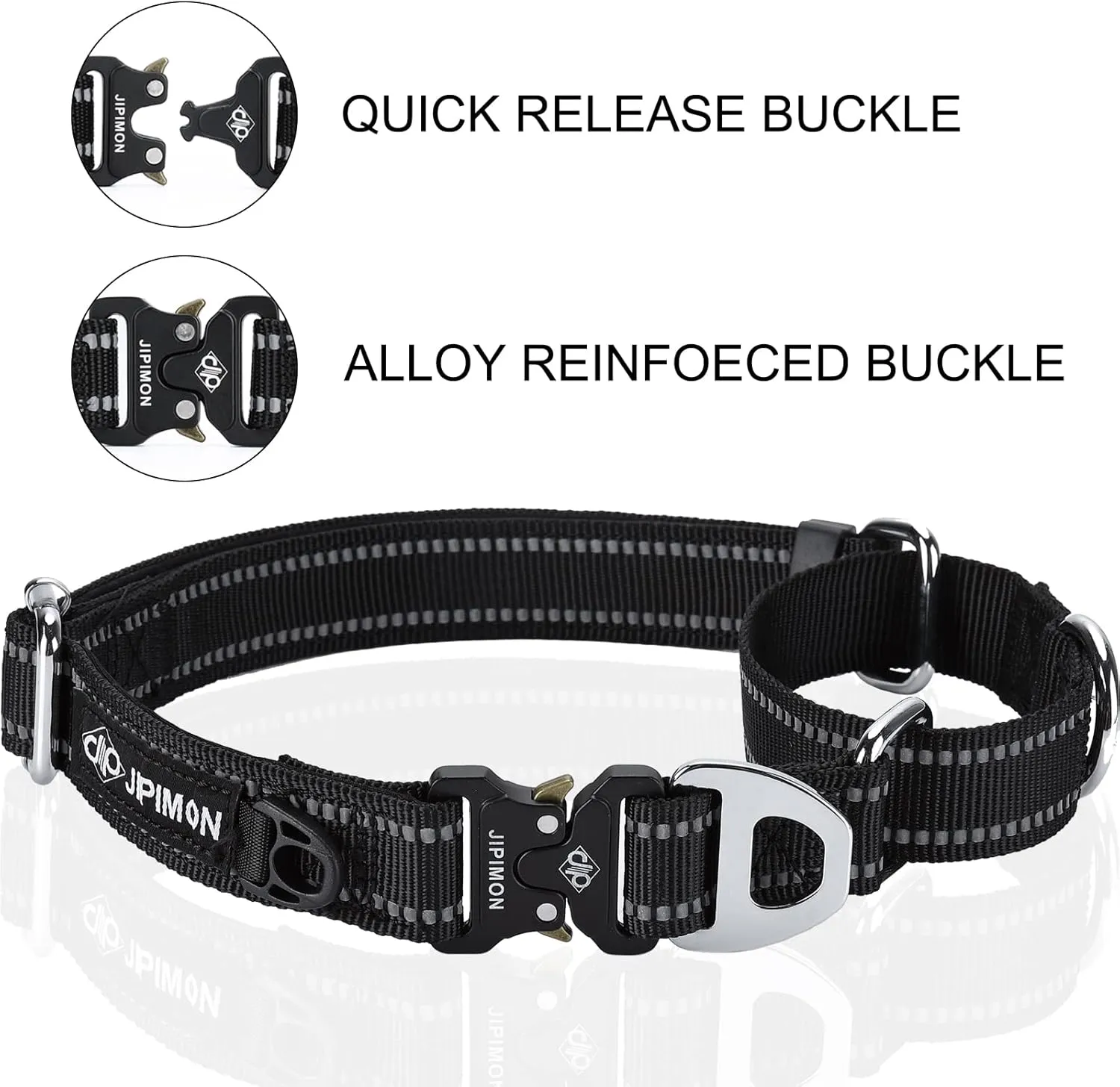 Martingale Dog Collar Reflective Nylon Soft Cushion with Alloy Buckle Dog Collar Martingale Small Medium and Large Dogs (Large, Black)
