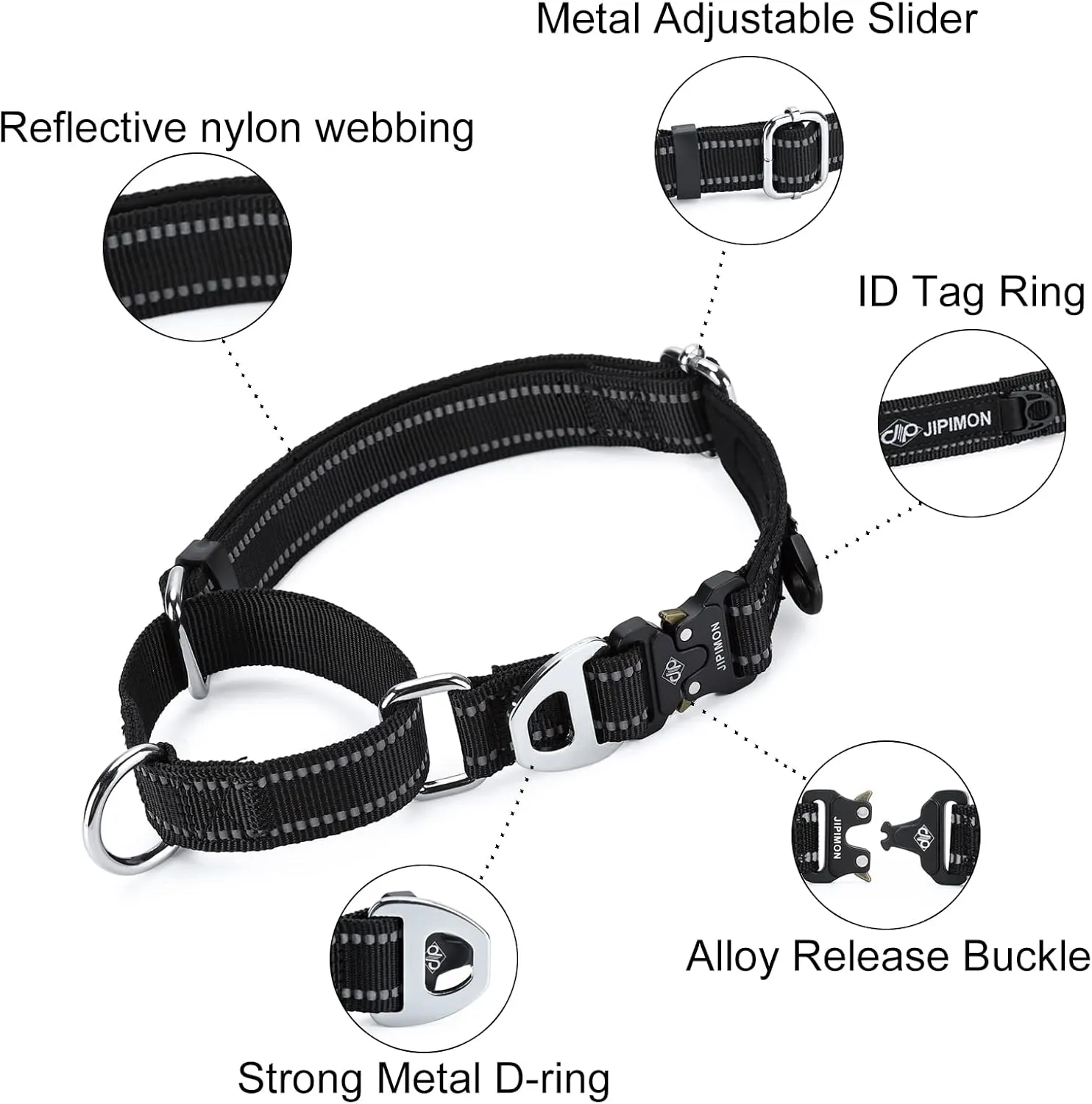Martingale Dog Collar Reflective Nylon Soft Cushion with Alloy Buckle Dog Collar Martingale Small Medium and Large Dogs (Large, Black)