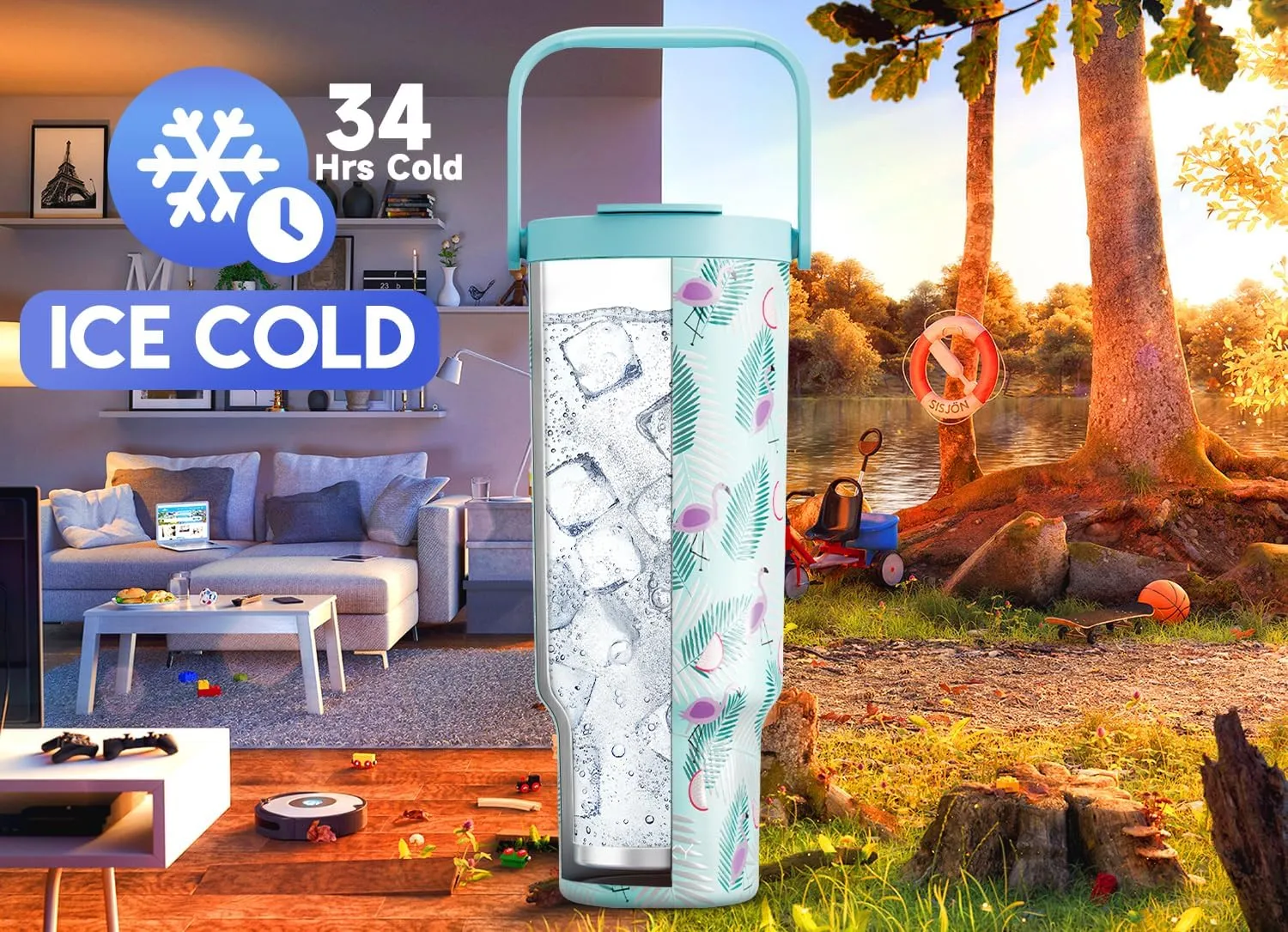 Meoky 40 oz Tumbler with Handle and Straw, Insulated Water Bottle, Stainless Steel Travel Mug, Keeps Cold for 34 Hours, 100% Leak Proof, Fits in Car Cup Holder (Blue Flamingo)